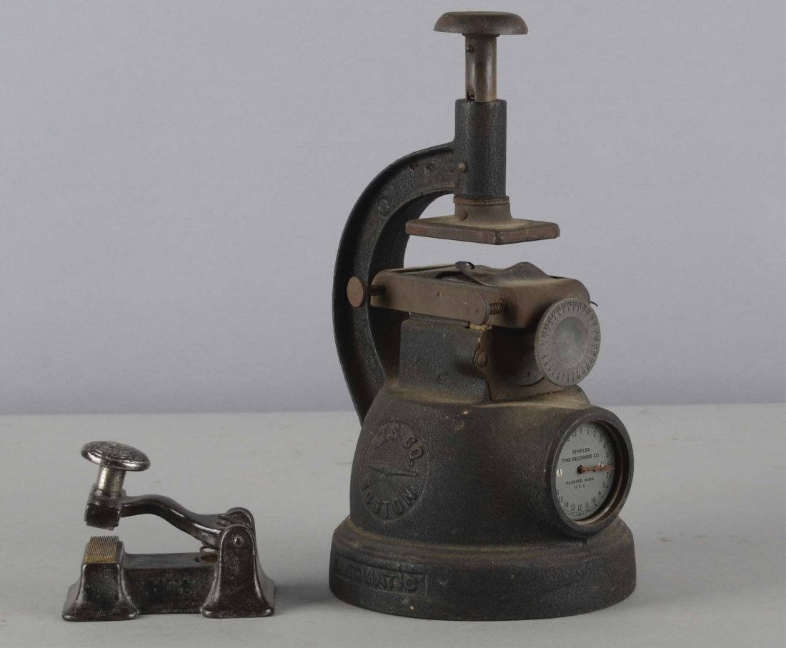 Lot of 2: Office Items: Two items for business administration including 1 - Simplex time recorder manufactured by ATS Co of Boston, and 1 - Cast iron Stamp. Condition (Very Good). Size Tallest is 12" T.