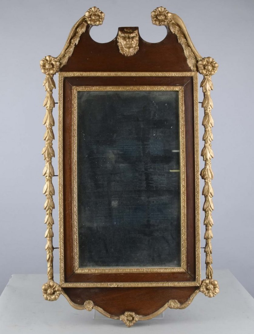 Lot Of 2: Fancy Antique Mirrors: Including 1 - Bradley & Hubbard mirrored wall sconce with beveled glass mirror and decorative brass colored cast metal frame, stamped B&H 3509 3504 (16" x 11") and 1 - mahogany gilt wall mirror with f