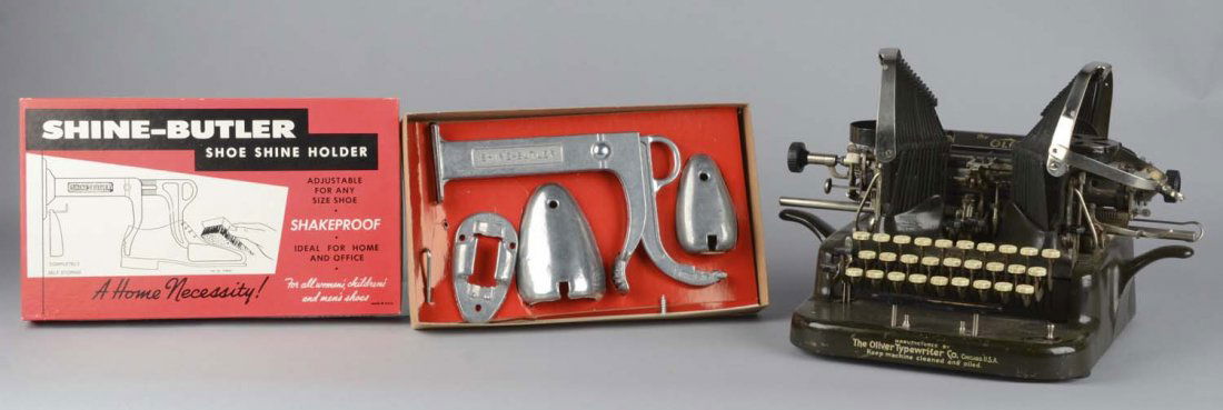 Lot of 2: Typewriter and Shoe Butler: Two items that are ideal for the home or office. 1 - No. 5 Oliver Typewriter with a ruler device, tabulator, and back space lever, and 1 - Shine Butler in original box. Condition (Excellent). Size Lar