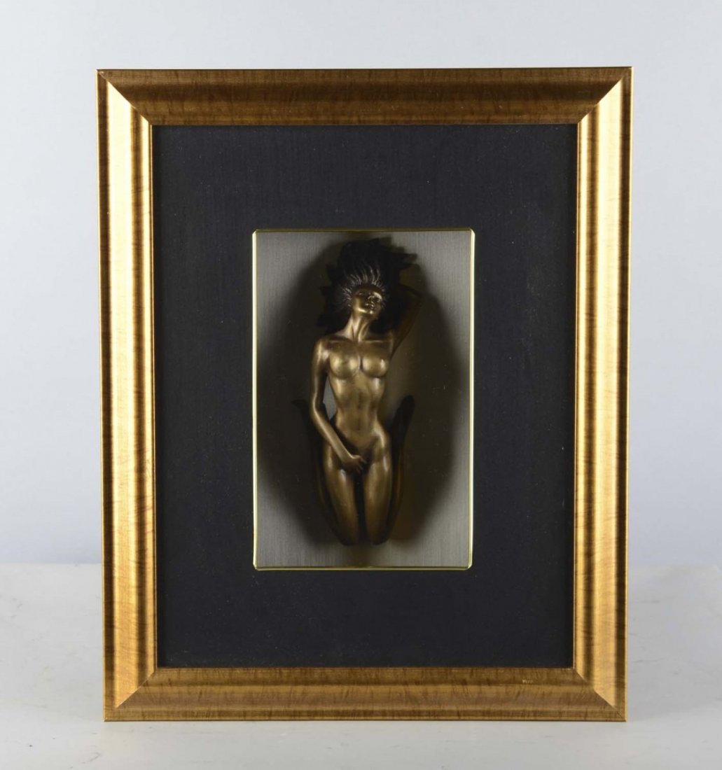 Bronze Nude Statue Shadow Box Display: This professionally framed piece features a figural bronze nude woman bent backwards on her knees. No signs of wear or damage to either the outer display or the sculpture within. Condition (Near Mint)