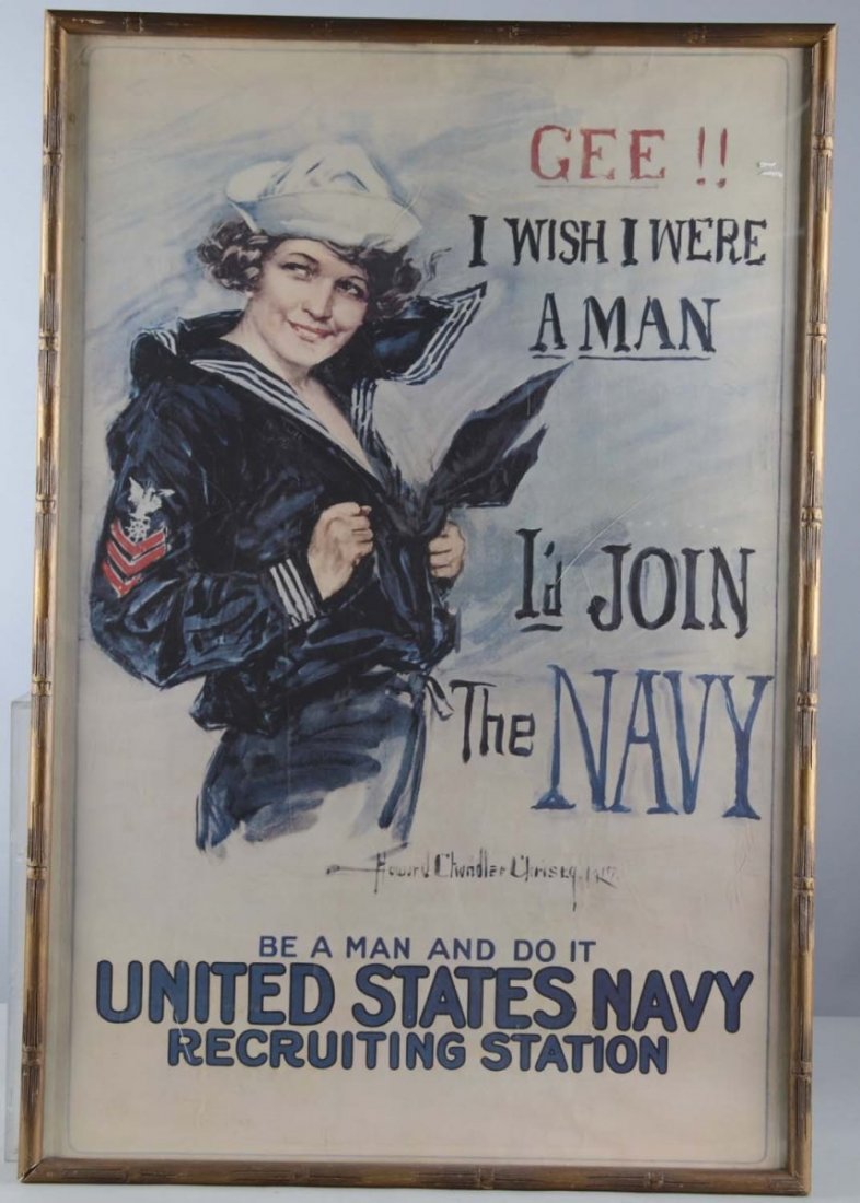 H.C. Christy 1917 Recruitment Poster In Frame: This is a lithograph of an H.C. Christy watercolor of a U.S. Navy recruitment poster for World War I. Reads "Gee!! I Wish I Were A Man - I'd Join The Navy - Be A Man And Do It - United States Navy Rec