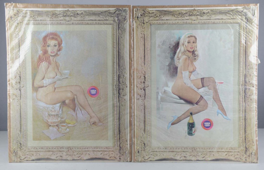 Lot Of 4: Fritz Willis Harold's Club Pin-Up Girls: This is a lot of 4 lithographs in a faux frame design. Circa 1960s. Images include redhead drinking tea, brunette with blanket, redhead in director's chair and blonde with cocktail glass. All wear hig
