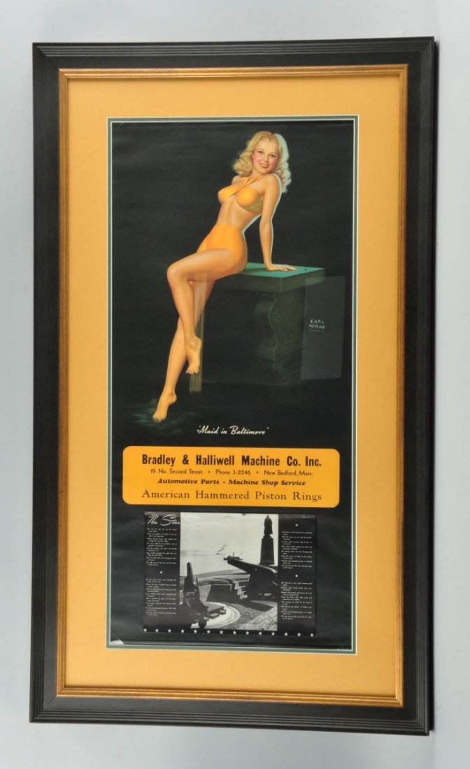 Framed Bradley & Halliwell Calendar Poster.: This large calendar/poster has a pinup girl sitting on a bench and is done by Earl Moran. It exhibits no wear and is a large striking piece. Condition (Near Mint). Size 43" T. x 25 - 1/2" L.