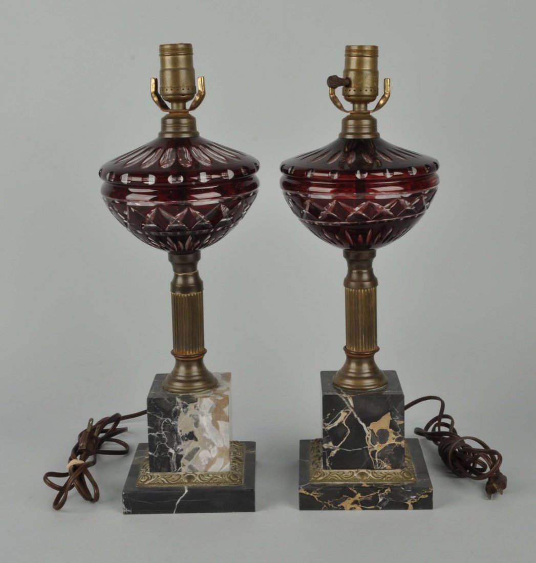 Pair of Cut Cranberry Glass Lamps. (1 of 3)