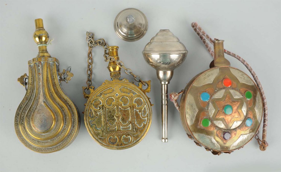 Lot of 4: Powder Flasks & Perfume Bottle. (1 of 1)