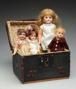 Lot Of 4: Bisque Dolls in Trunk.: All with German bisque heads, wigs and 5-piece composition bodies with painted stockings and molded shoes. Girl marked “401”, very good quality bisque with sleeping eyes and original bobbed mohair