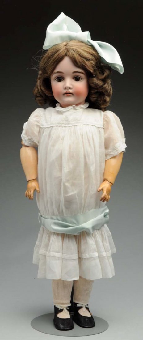 Splendid Kestner Child Doll.: German bisque socket head incised “K made in Germany 14 164” with molded multistroked eyebrows, sleeping eyes, painted upper and lower lashes, open mouth with upper teeth, plaster pate, replaced l
