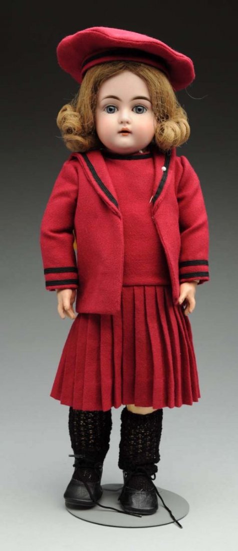 Delightful Kestner Child Doll.: German bisque socket head incised “C made in Germany 7 152” with multistroked eyebrows, painted lashes, stationary glass eyes, open mouth (no teeth), plaster pate, replaced human hair wig; origina