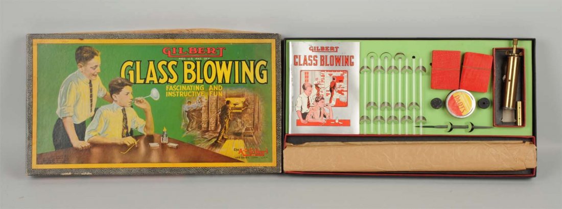 Gilbert Glass Blowing Set.: Very early. Marked "Copyright 1920 A.C. Gilbert Co.". Nice color graphics on original box. Set looks unused with instructions, tubes, and other parts. Condition (Excellent). Size Box: 18" x 10".
