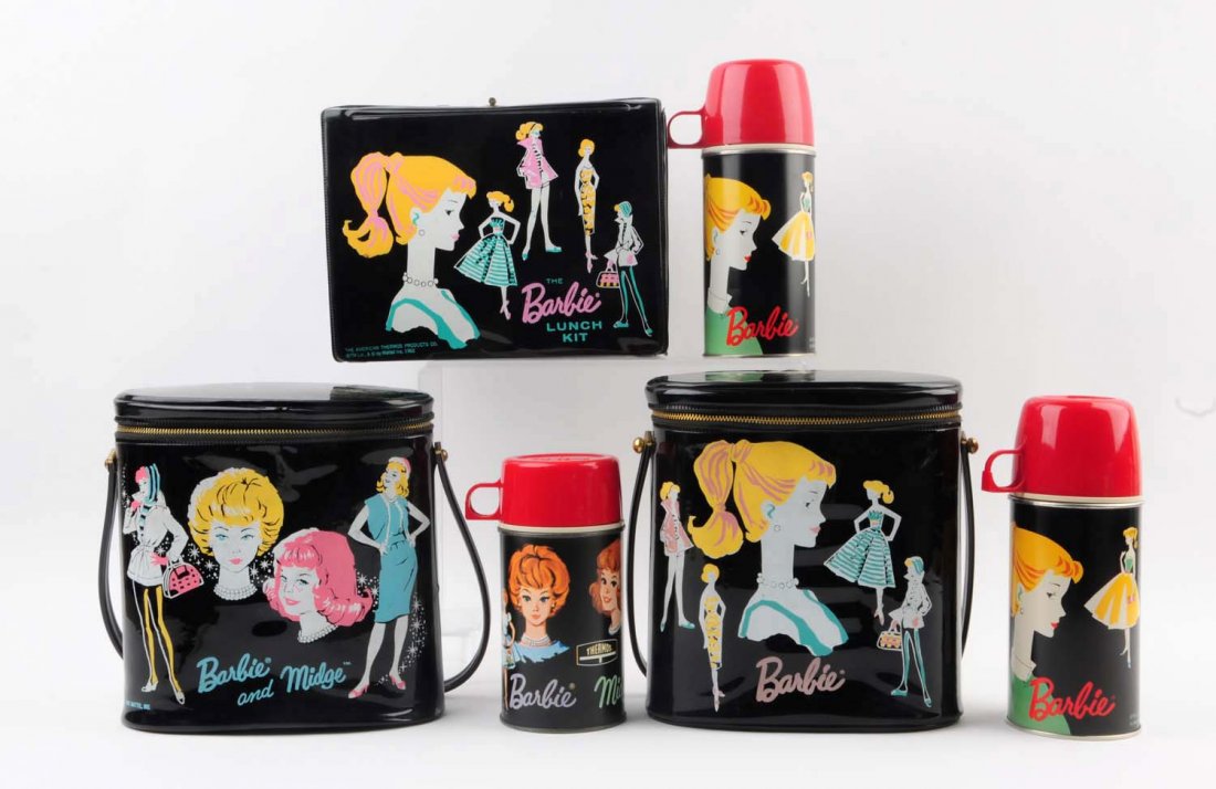 Lot Of 3: Vinyl Barbie Lunchboxes With Thermoses. (1 of 2)