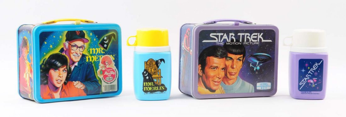 Lot OF 2: 1970s-80s Lunchbox With Thermoses.: This lot includes a 1981 Mr. Merlin box. This box has some scuffing at the edges only. Includes original "Flip 'n' Sip" thermos sticker on front. Thermos is very clean. Also included is a 1979 Star Tr