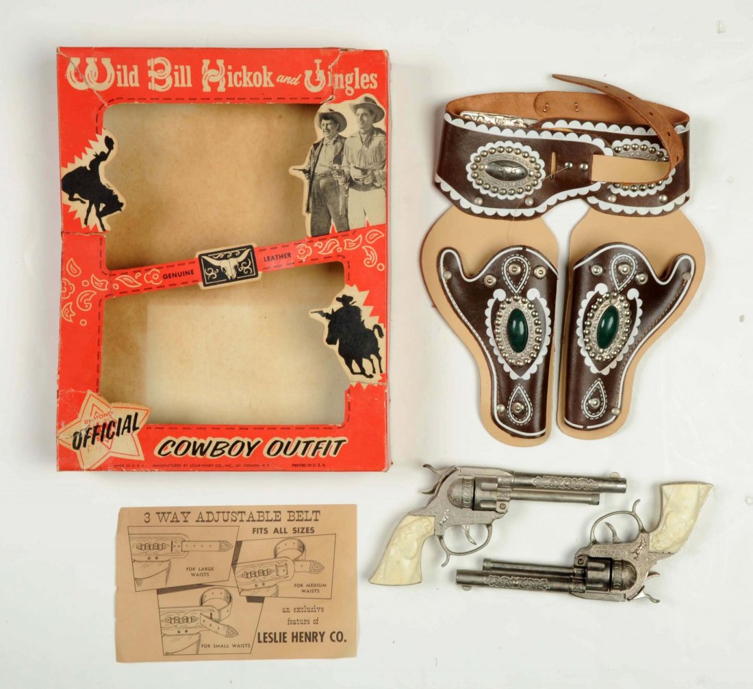 Wild Bill Hickok & Jingles Gun With Holster Set.: In box. Guns are marked Wild Bill Hickok. Box has some tears and cellophane has come off but is here. (Guns: Near Mint Plus - Holster: Near Mint - Box: Very Good). Size Box: 14 - 1/2" x 11".