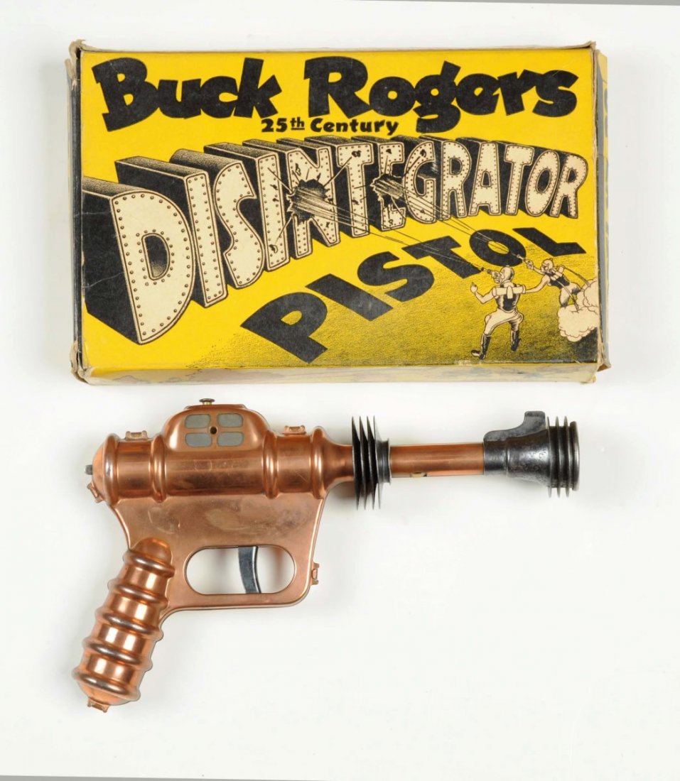 Daisy Buck Rogers 25th Century Pistol.: This disintegrator pistol includes the original box. Nice color graphics of Buck and Wilma. Box marked "Model XZ-38" on end flaps. Box is complete including end and inner flaps. Nice depiction of gun