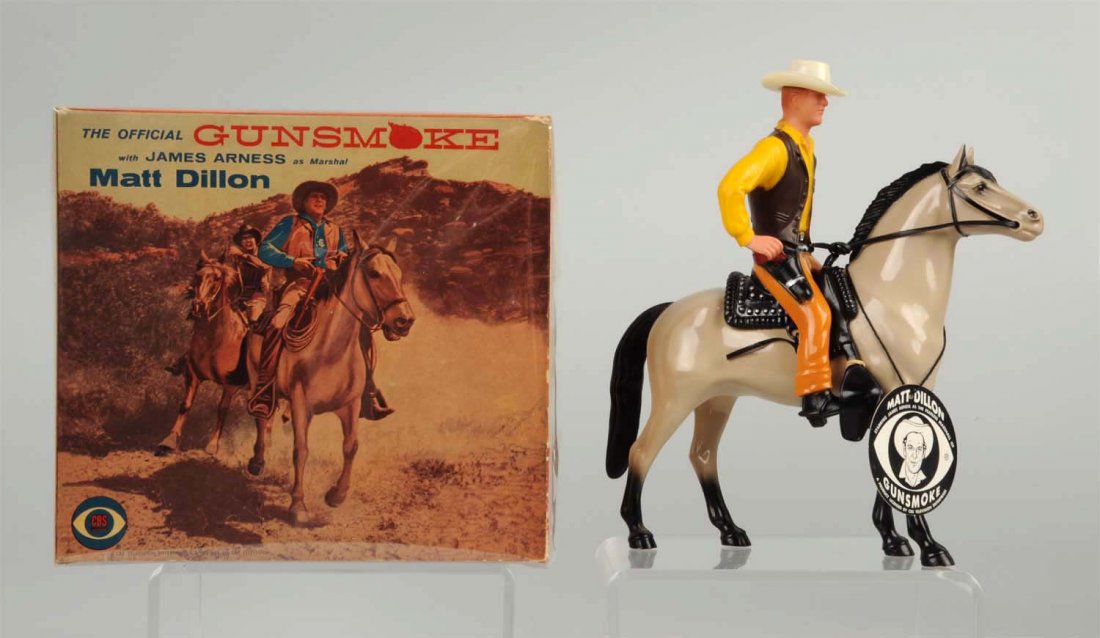 Hartland Gun Smoke Matt Dillon Figure On Horse.: Includes crisp original box, box marked "James Arness as Marshal Matt Dillon". Includes original figure on horse, saddle, gun and hat. One or two nicks to figure. Condition (Excellent - Near Mint). Si