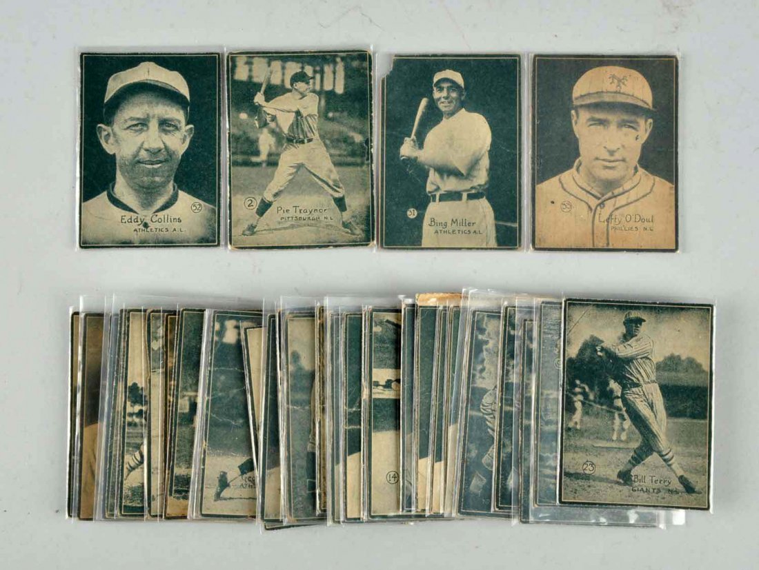 Lot Of 36: 1931 W157 Baseball Cards.: Highlights in this lot would be No. 2 Pie Traynor, No. 10 Charlie (Chuck) Klein, No. 33 Lefty O'Doul, No. 39 Lefty Grove, and No. 52 Eddy Collins. Many cards in this lot have heavy wear or creasing in