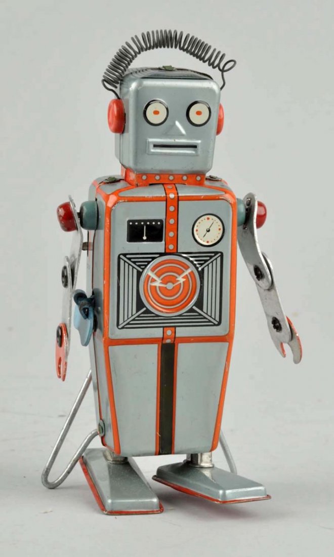 Japanese Tin Litho Wind-Up Easel Back Robot. (1 of 2)