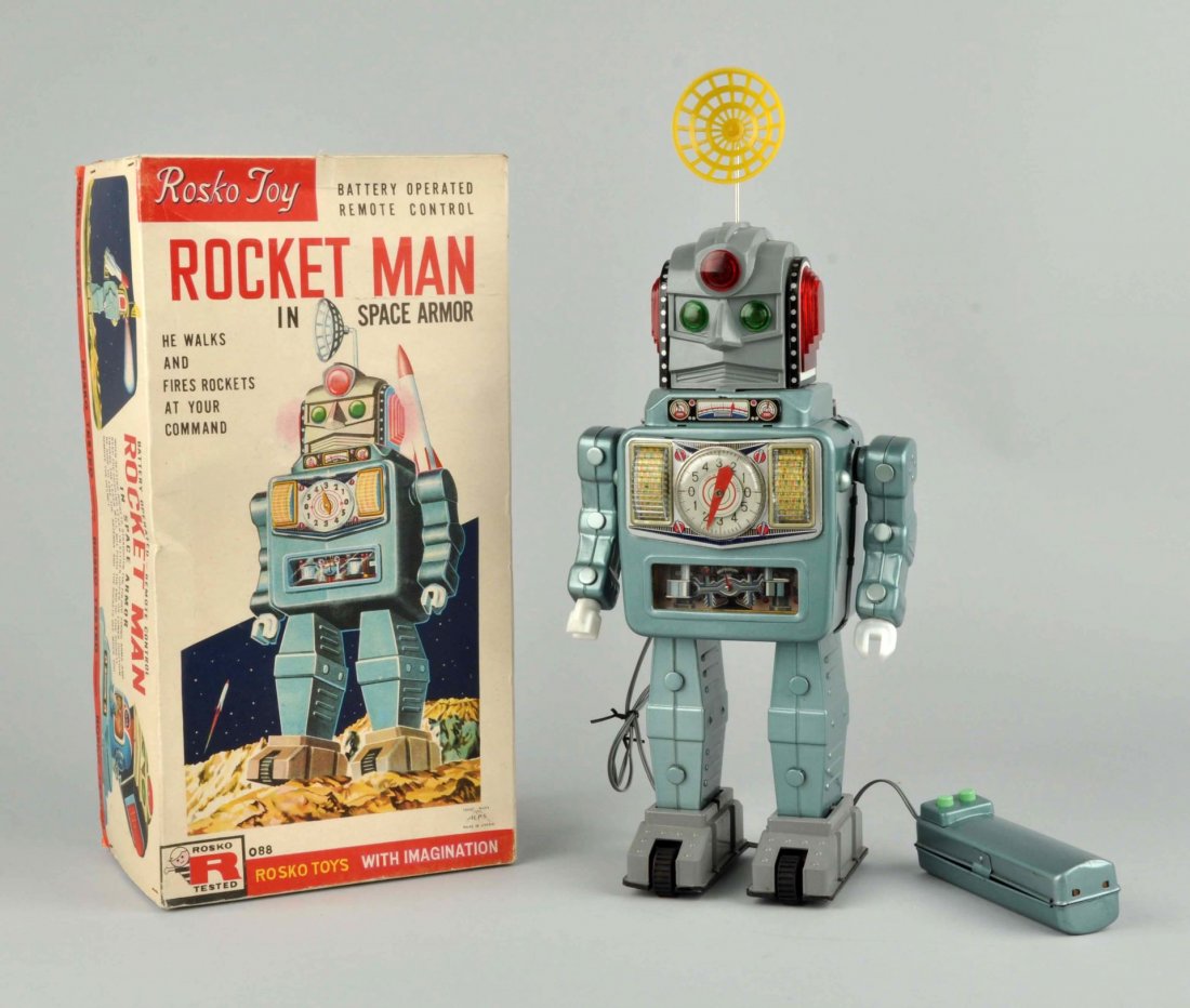 Tin Litho Painted Battery-Operated Rocket Man. (1 of 6)