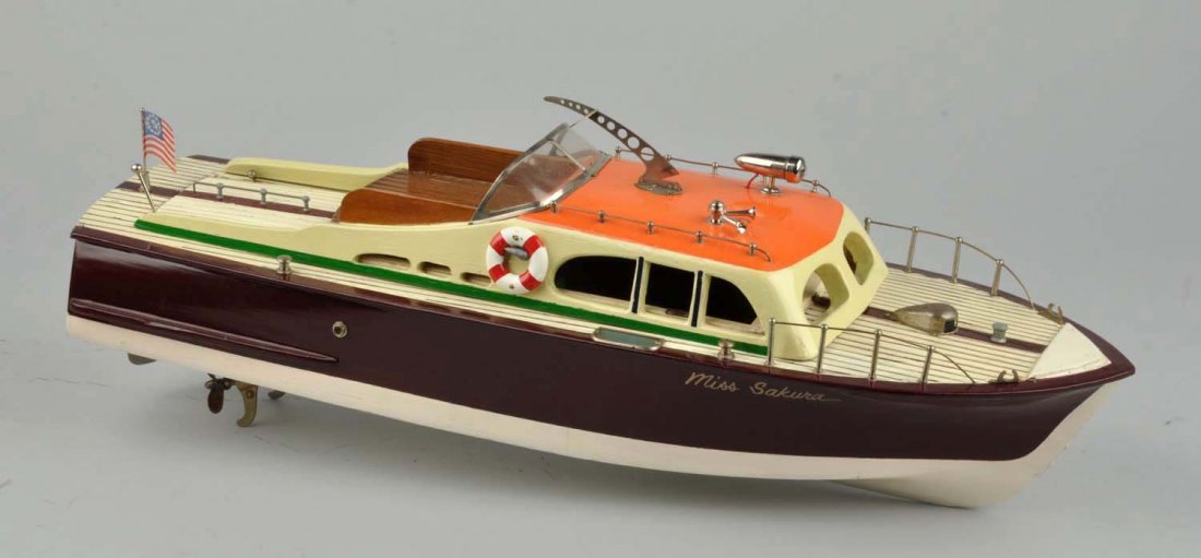 Japanese Battery Op Wooden Cabin Cruiser Boat. (1 of 5)