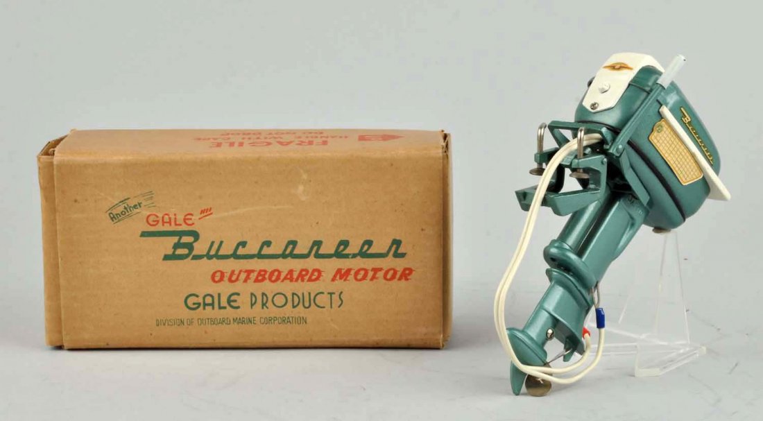 Japanese Buccaneer Boat Motor.: Includes original box. Box has insert. Marked "Gale Products". Nice design to motor. Also marked "25" on both sides. Condition (Very Good - Excellent). Size Box : 6 -1/4" x 3 -1/4".