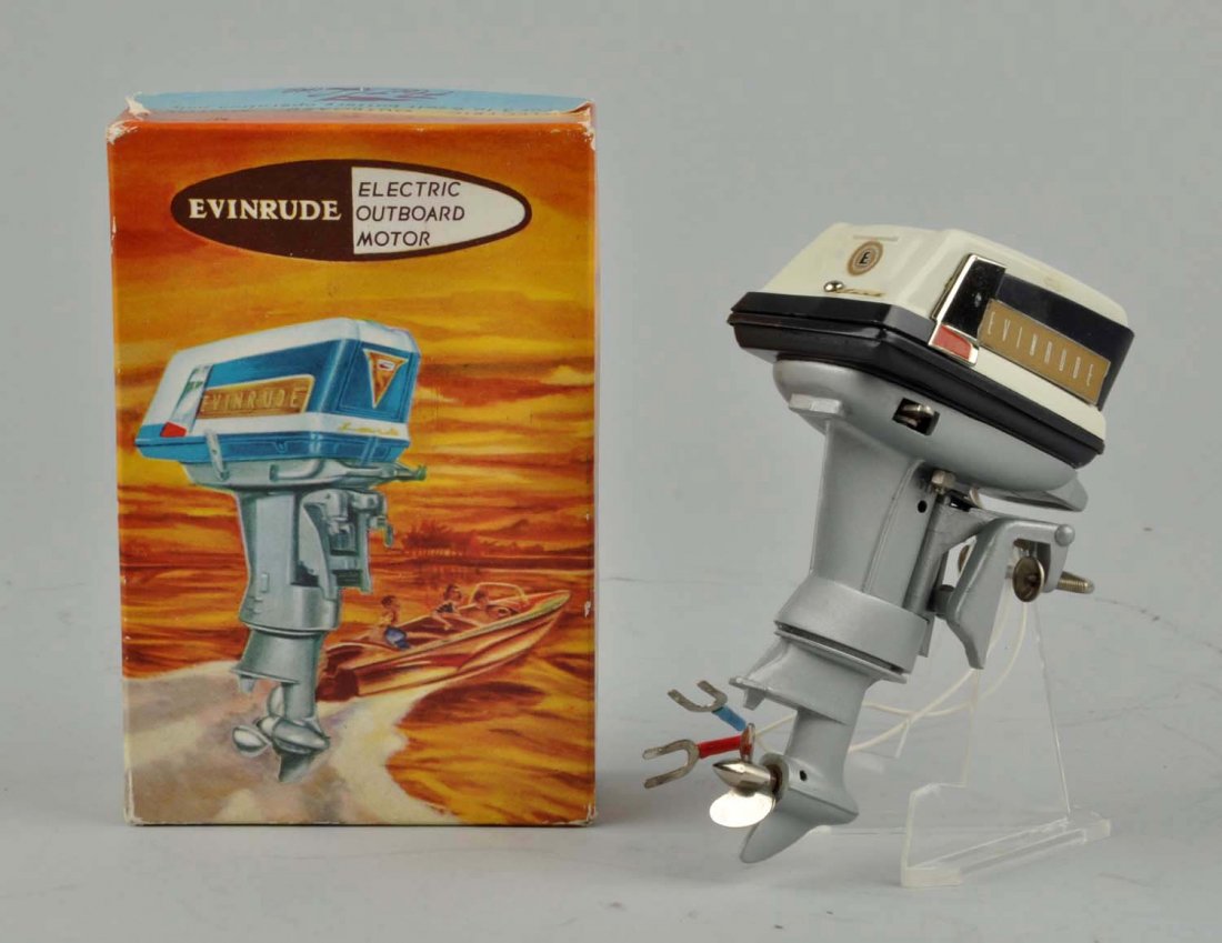 Japanese Evinrude Electric Outboard Motor.: This fleetline motor includes its original box. Box has some slight edge wear. Box has instruction sheet and cardboard insert. Nice decals on motor. Condition (Very Good - Excellent). Size Box: 5" x 3
