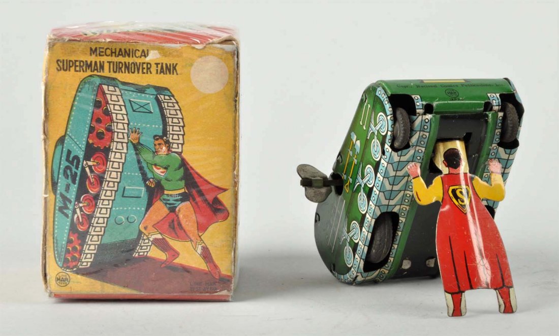 Linemar Tin Litho Wind-Up Superman Turnover Tank. (1 of 3)