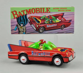 Battery - Operated Tin Litho Batmobile Toy.: Beautiful colorful original box, marked "Made in Taiwan". Depicts Batman and Robin running around in Batmobile. Some minor creasing to sides of box. Car has very little wear. Condition (Excellent - Ne