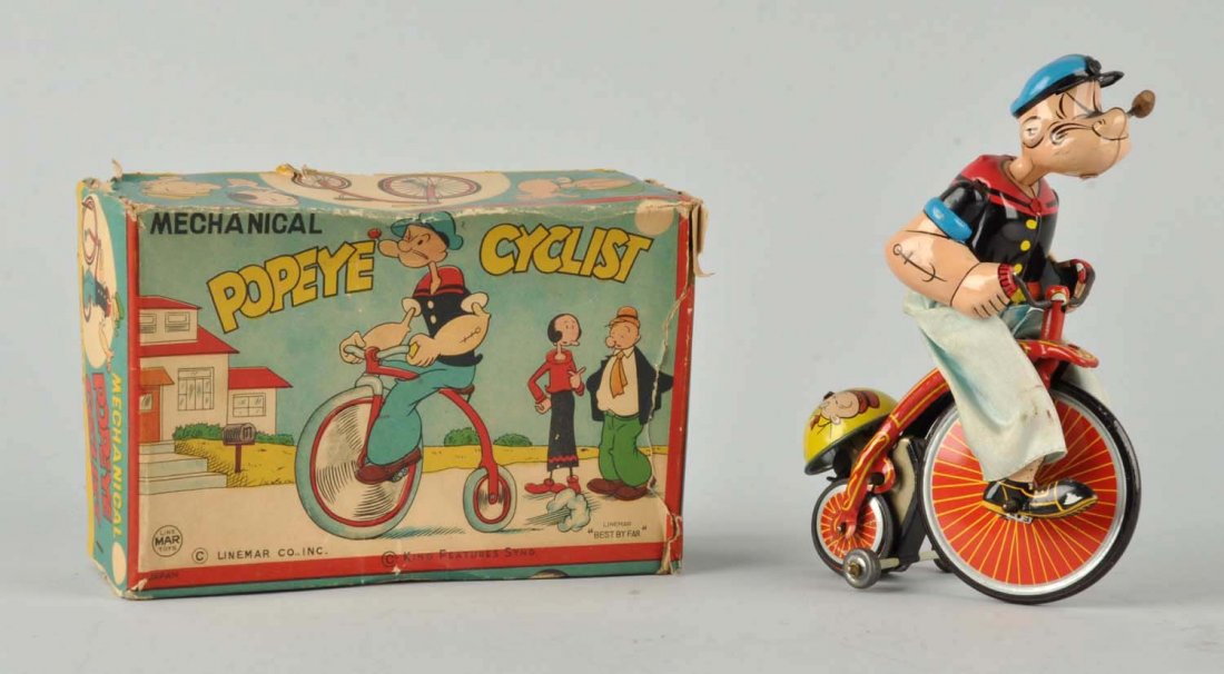 Linemar Tin Litho Wind-Up Popeye Cyclist Toy. (1 of 3)