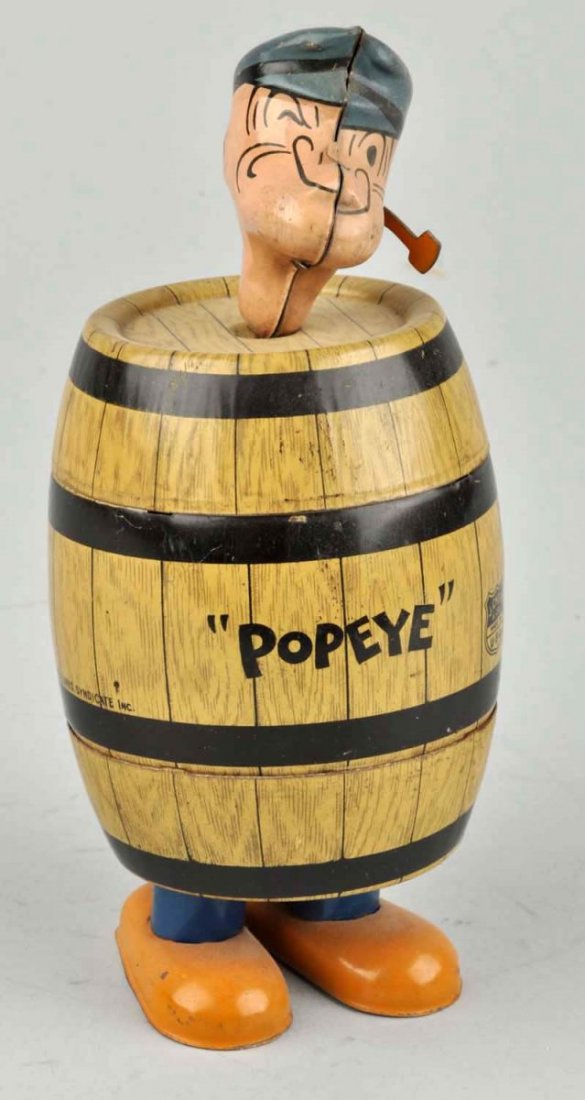 Chein Tin Litho Wind-up Popeye in Barrel Toy. (1 of 2)