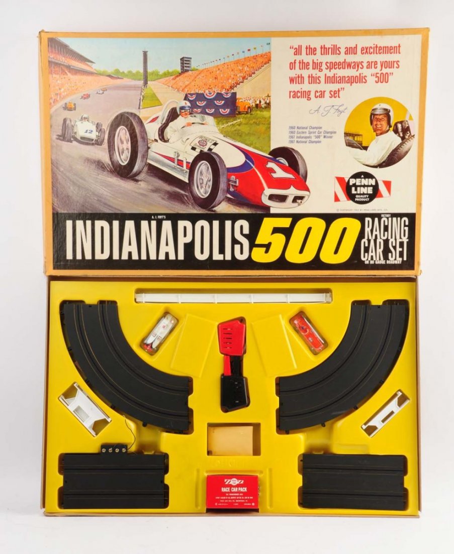 Scarce Penn Line AJ Foyt Indianapolis 500 Car Set.: This racing car set includes its original box with a beautiful paper label and nice graphics of an Indianapolis 500 car. Circa 1962. Also has a depiction of AJ Foyt in his car. Has plastic insert. Unu