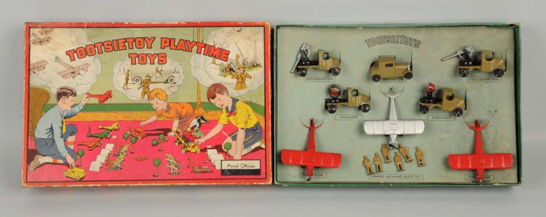 Tootsietoy Playtime Toy Aerial Offense Vehicle Set: This diecast toy has its colorful original box showing kids playing with vehicles. Original insert includes five vehicles, three airplanes, and six pilots. There are three pursuit planes, two search l