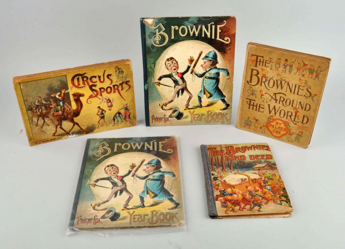 Lot of Brownie Children's Books.: Includes the 1903 "The Brownie's Kind Deed" by Palmer Cox published by W.B. Conkey, the 1894 "The Brownies Around the World" by Palmer Cox published by Curtis, and the "Brownie Year Book" by Palmer Co