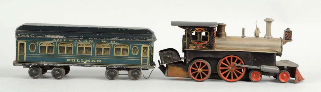 Beggs Locomotive & Passenger Car.: Passenger car lettered "American Railroad Pullman". Original condition with scratching to car roof. Condition (Very Good - Excellent).