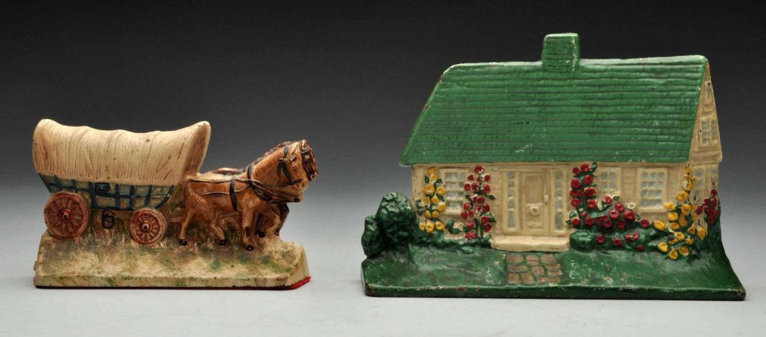Lot of 2: Cast Iron Cottage & Conestoga Wagon. (1 of 5)