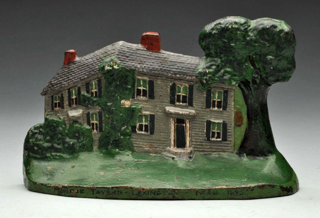Cast Iron Monroe Tavern Doorstop.: Signed, “Monroe Tavern, Lexington, Mass.” The Monroe tavern (1695) served as the British headquarters during the Revolutionary War. Rare. Condition (Excellent Plus). Size 5 - 3/8" T.