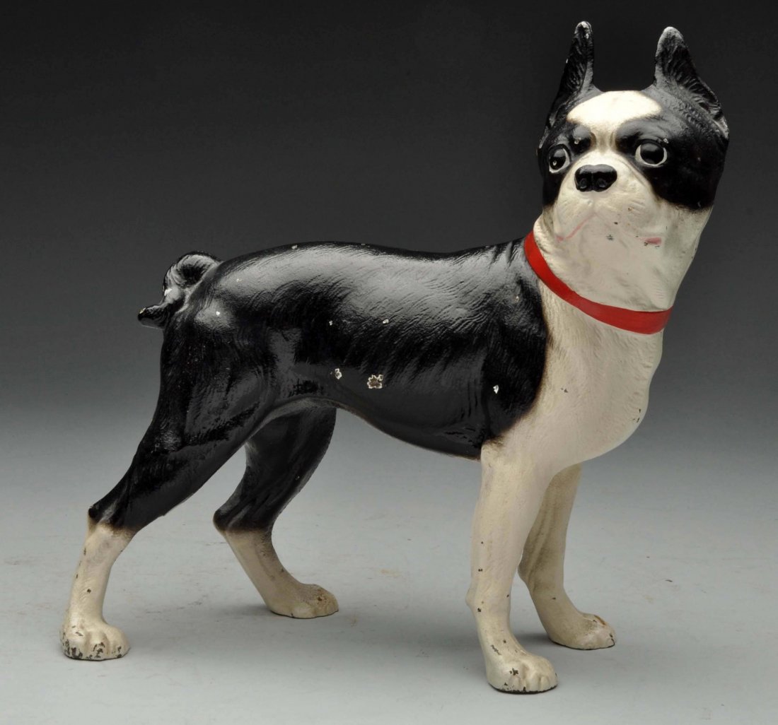 Cast Iron Boston Terrier Doorstop.: Depicts full-figure Boston Terrier standing facing right. Later casting. Condition (Excellent Plus). Size 9 - 3/8" T.