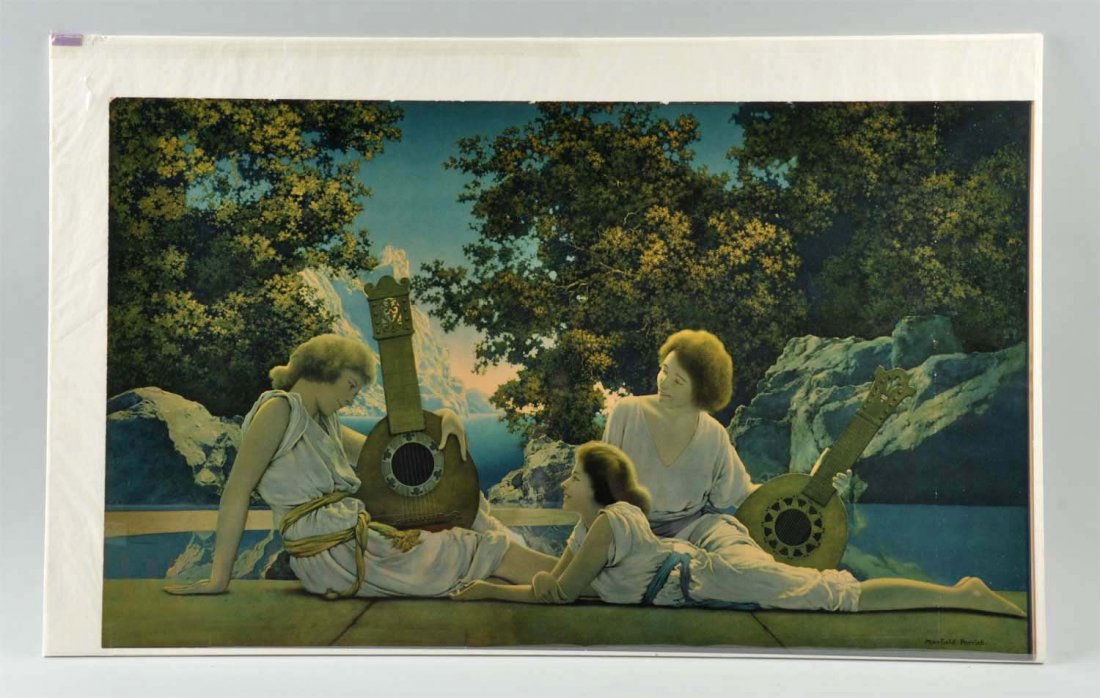 Maxfield Parrish Lute Player Print.: This is a wonderful print with great color. Printed by the house of art N.Y. Top edge has some scattered wear. Size 20" x 32".