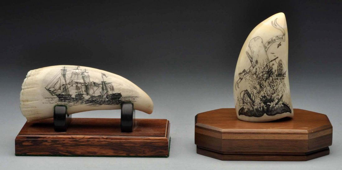 Lot Of 2: Dan Cronan Scrimshaw Pieces.: Includes two whale tooth scrimshaw pieces. One depicts two ships and the other depicts Moby Dick with Captain Ahab. The ship piece is marked " '98 Dan Cronan" and the Moby Dick piece is marked "L. Kar