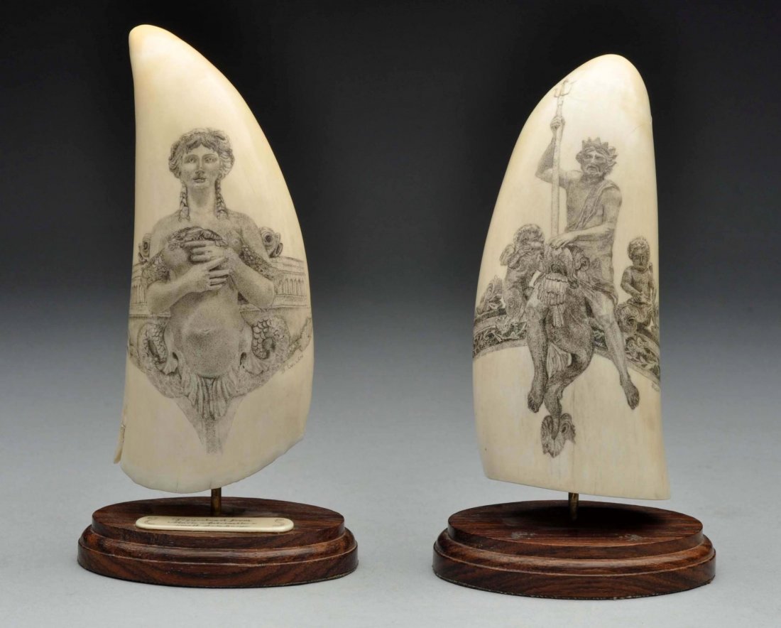 Lot of 2: Whale Tooth Scrimshaw Pieces.: Includes a piece depicting King Neptune and the other depicts the figurehead from Marie Antoinette's state barge. Large crack in the King Neptune piece. Condition (Very Good). Size Largest : 6 -1/2" T