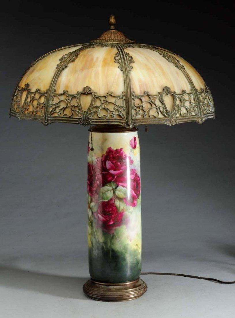 Slag Glass and Metal Shade with Porcelain Base. (1 of 2)