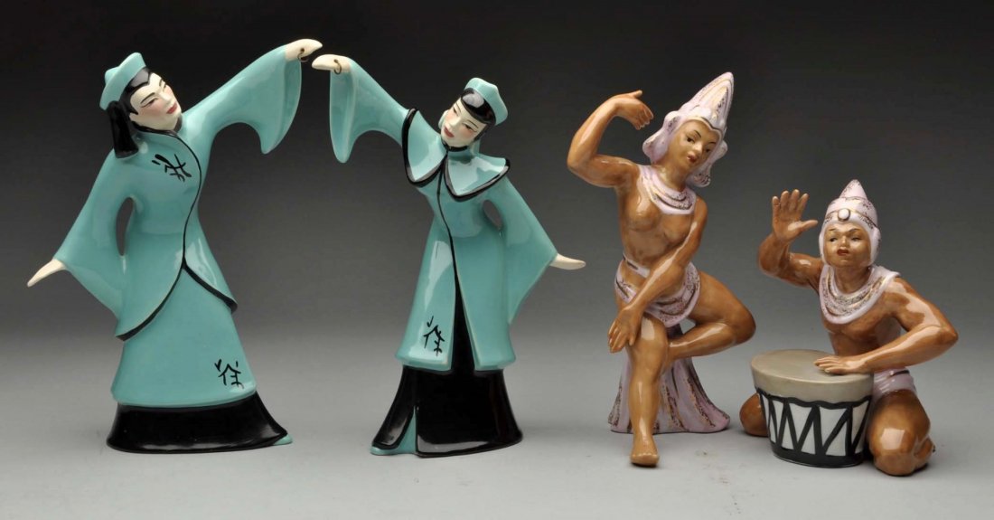 Lot of 2: California Pottery Dancing Pairs.: Includes a pair of Ceramic Arts Studio asian dancers. This pair was to have lanterns, but they are not present. Also included is a pair of Bali dancers that are unmarked, but appear to be made by Hedi
