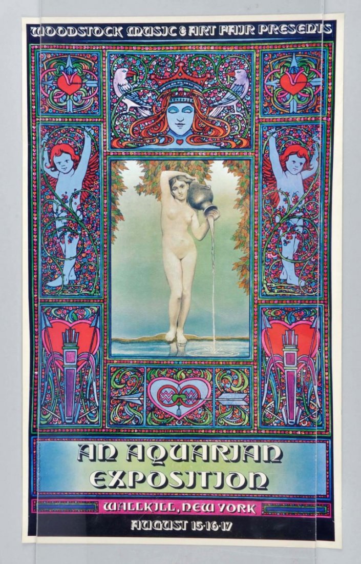 1969 Woodstock Poster-David Bird Design.: This lot is an authentic 1969 Woodstock poster designed by David Bird. It lists Wallkill, New York as the event site. Great condition. On glossy white light weight cardboard. Great item in great condi