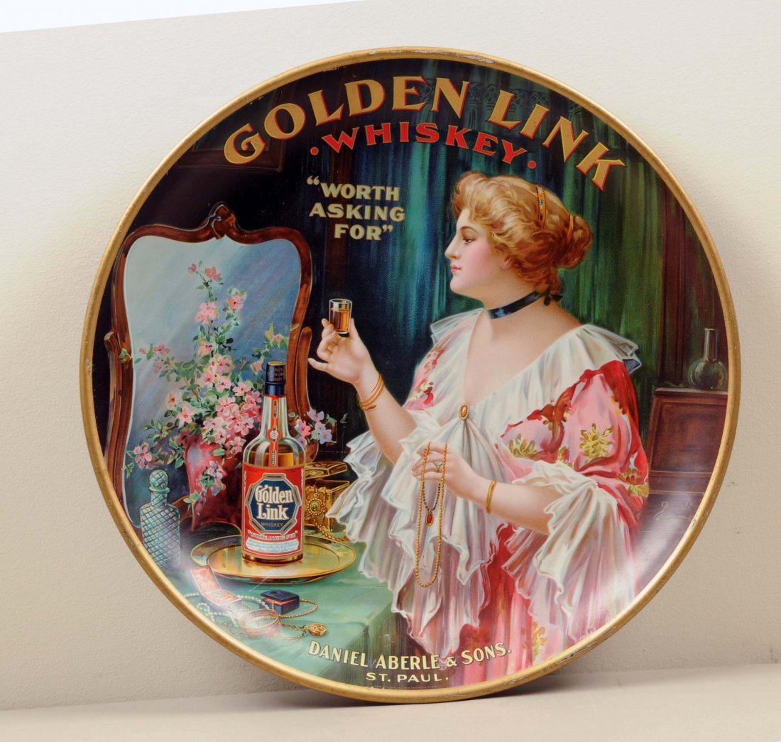 Golden Link Whiskey Tin Lithograph Charger. (1 of 1)