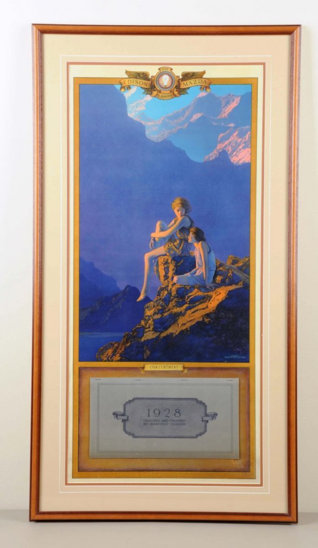 1928 Mazda Lamps Maxfield Parrish Large Calendar.: "Contentment" is the title. Framed and matted under glass. With the exception of lightest soiling in the bottom two inches, the piece is nearly flawless. Condition (Near Mint). Size 41" x 22 -1/4".