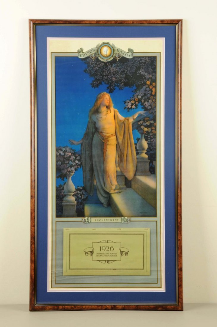 1926 Edison Mazda Maxfield Parrish Calendar.: Large and framed under glass. Titled “Enchantment’ and complete with a full pad and cover sheet. Some light soiling and small marks, with a few mild and small wrinkles, and some roll lines and mar