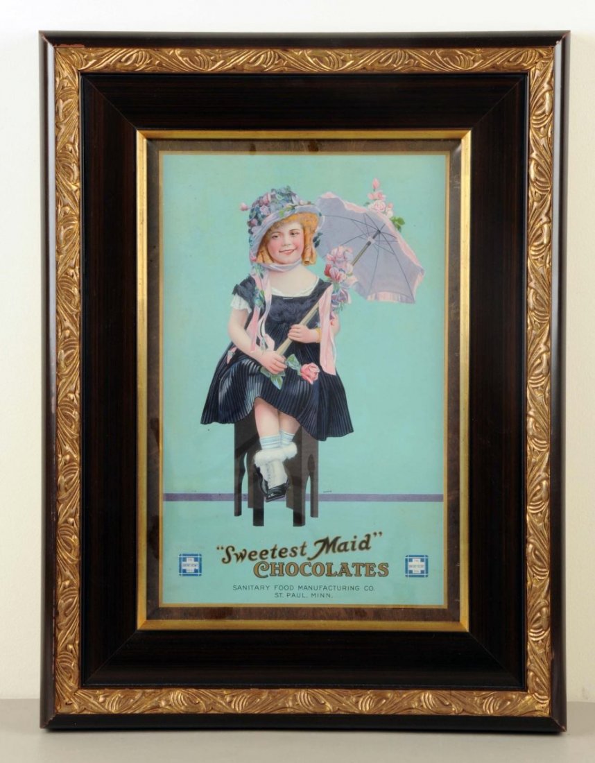 Sweetest Maid Chocolates Sign.: Framed. Adorable image of a little girl with a parasol. Visible image is damage free. Condition Maxfield Parrish Size 23 -1/2" x 17 -5/8".