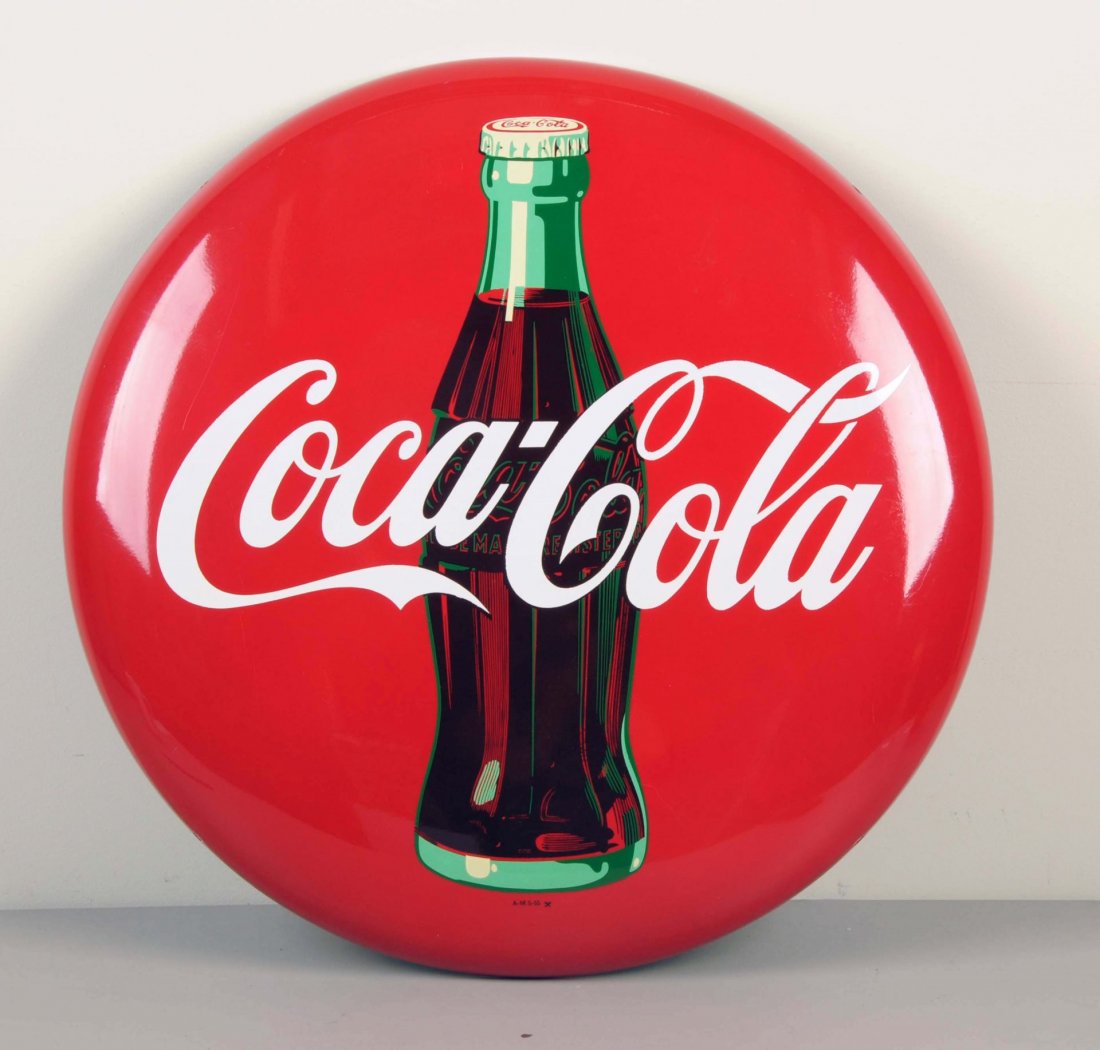 1955 Painted Tin Coca-Cola Button. (1 of 1)