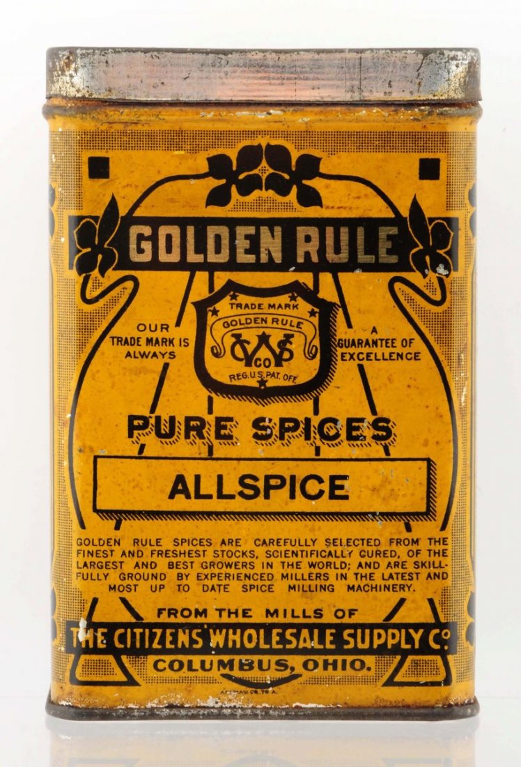 Golden Rule Pure Spice Allspice Tin.: The Citizens' Wholesale Supply Co., Columbus, Ohio. Nice example with some overall wear. Condition (Excellent). Size 5" T.
