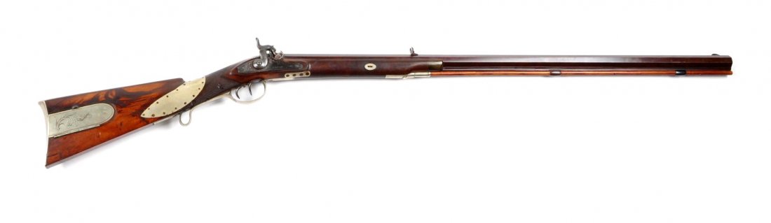 Signed Penn. Half Stock Sporting Rifle: Serial # NSV 36" barrel, .41bore-percussion This fine half stock sporting rifle is signed Stutsman/Dayton. The lock was made by Jacob Kunz. This was a finely crafted half stock sporting rifle dating t