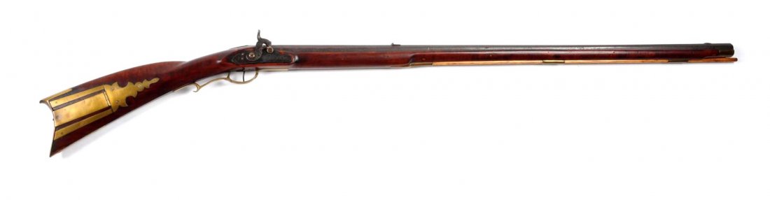 Pennsylvania Full Stock Percussion Long Rifle.: 40" barrel in .54 bore-percussion. Lock was manufactured by Joseph Goulcher. Features full octagon barrel, set rear sight, blade front, three brass retaining thimbles, forend tip, buttplate, toe plate