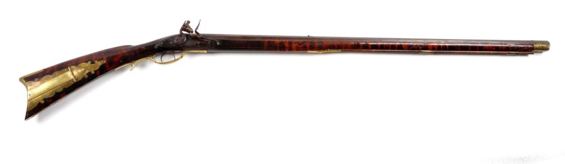 Philadelphia Full Stock Flintlock Penn. Rifle.: 38” barrel in .52 bore-flintlock. Lovely all original Penn. long rifle that features a full octagon barrel with set rear sight and blade front. Has brass forend cap, three barrel wedges with no plat